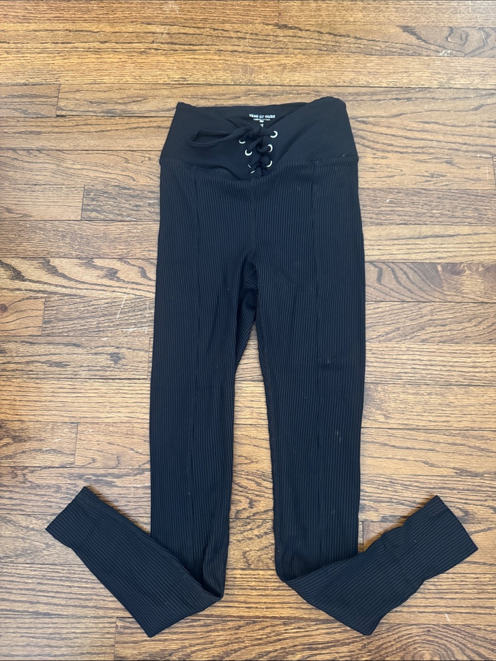 Year of Ours Black Ribbed Lace-Up Waist Leggings